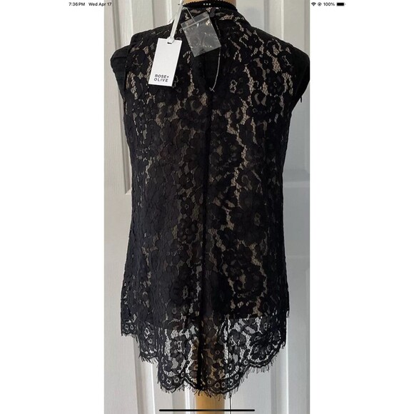 ROSE + OLIVE Woman’s Black Lace Sleeveless Top Black Lace/Tan She’ll Size Small - Picture 3 of 8